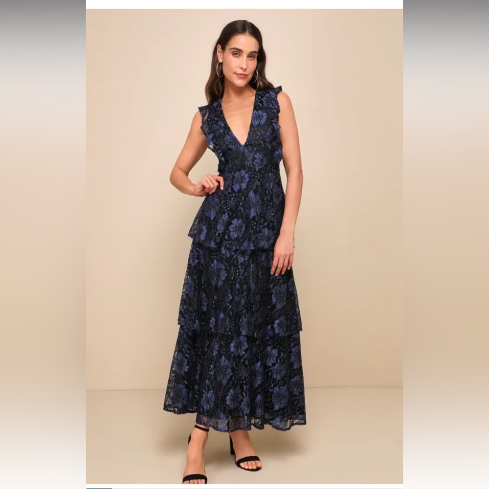Lulu’s Molinetto Navy Blue Lace Ruffled Tiered Sleeveless Maxi Dress